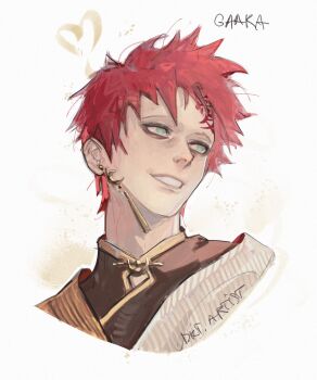 1boy alternate_costume artist_name artistdkt character_name earrings forehead_tattoo gaara_(naruto) geokinesis green_eyes grin heart highres jewelry kanji_tattoo male_focus naruto_(series) red_hair sand short_hair smile solo tattoo upper_body