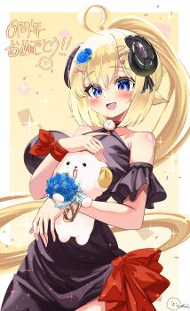 1girl absurdres ahoge alternate_costume animal_ears black_dress blonde_hair blue_flower blush commentary dress flower hair_flower hair_ornament highres hololive horns inokeiwd long_hair open_mouth ponytail purple_eyes sheep_ears sheep_girl sheep_horns smile solo tsunomaki_watame very_long_hair virtual_youtuber watamate