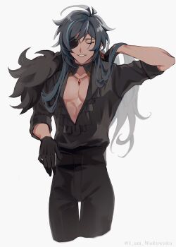 1boy antenna_hair arm_up bare_pectorals black_gloves black_pants black_shirt blue_hair collarbone cropped_legs dark-skinned_male dark_skin eyepatch genshin_impact gloves hair_between_eyes hashtag-only_commentary highres jewelry kaeya_(genshin_impact) long_hair male_focus necklace one_eye_covered open_clothes open_shirt pants parted_lips pectorals shike_(i_am_morafeti) shirt shirt_tucked_in simple_background sleeve_cuffs sleeves_rolled_up smile solo toned toned_male very_long_hair white_background