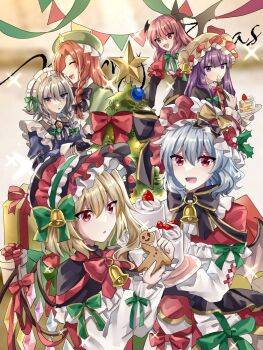 Rule 34 | 6+girls, :d, :o, ^ ^, alternate costume, bat wings, bell, beret, black bow, black ribbon, black vest, blonde hair, blue dress, blue eyes, blue hair, blush, bow, bowtie, box, braid, braided sidelocks, brooch, cake, capelet, christmas, christmas lights, christmas ornaments, christmas tree, closed eyes, commentary request, cookie, crystal wings, dot nose, dress, eating, embodiment of scarlet devil, flandre scarlet, food, fork, fruit, gift, gift box, gingerbread man, green bow, green dress, green hat, green ribbon, grey hair, hair between eyes, hair ribbon, hat, hat bell, hat ornament, hat ribbon, head wings, highres, hong meiling, izayoi sakuya, jewelry, koakuma, long hair, low-tied long hair, maid, maid headdress, mistletoe, mob cap, multicolored wings, multiple girls, neck bell, no nose, noibara noy, open mouth, patchouli knowledge, purple eyes, purple hair, red bow, red bowtie, red capelet, red eyes, red hair, red ribbon, remilia scarlet, ribbon, short hair, sidelocks, smile, sparkle, star (symbol), star hat ornament, strawberry, string of flags, tinsel, touhou, tress ribbon, twin braids, vest, wings, yellow bow