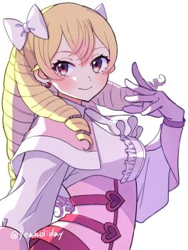1girl blush bow breasts capelet closed_mouth dress drill_hair earrings fire_emblem fire_emblem_awakening from_side gloves gogatsu_(yeaholiday) hair_bow jewelry long_hair long_sleeves looking_at_viewer maribelle_(fire_emblem) medium_breasts nintendo pink_dress red_eyes smile solo stud_earrings twitter_username white_background white_bow white_gloves
