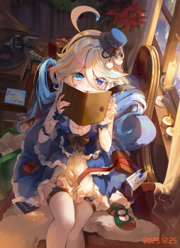 1girl alternate_costume blue_dress blue_eyes blue_hair book breasts cleavage commentary_request couch cowlick dress furina_(genshin_impact) genshin_impact grey_hair hat heterochromia highres holding holding_book indoors long_hair looking_at_viewer medium_breasts mini_hat on_couch open_mouth phonograph pioko sitting sitting_sideways solo winter
