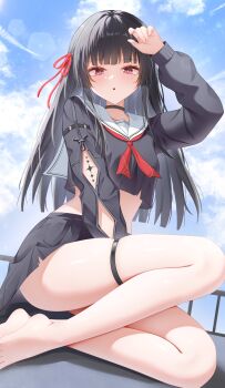 1girl absurdres arm_cutout arm_up barefoot black_choker black_hair black_shirt black_skirt blue_sky breasts chisa_(wuthering_waves) choker clothing_cutout commentary crop_top day doraski hair_ribbon highres long_hair long_sleeves looking_at_viewer medium_breasts neckerchief outdoors parted_lips red_eyes red_neckerchief red_ribbon ribbon sailor_collar shirt sitting skirt sky solo tacet_mark_(wuthering_waves) thigh_strap thighs white_sailor_collar wuthering_waves