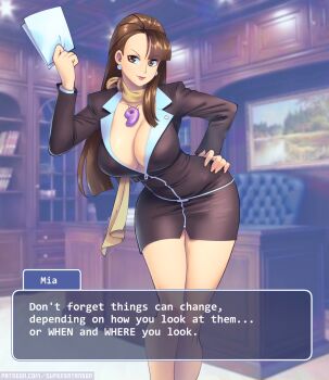 1girl ace_attorney black_jacket black_skirt book bookshelf breasts brown_eyes brown_hair brown_scarf capcom chair cleavage collarbone desk earrings hand_on_own_hip highres holding holding_paper jacket jewelry large_breasts leaning_forward long_hair long_sleeves looking_at_viewer magatama magatama_necklace mature_female mia_fey necklace office office_lady paper pearl_earrings pencil_skirt picture_frame scarf skirt smile standing supersatanson wide_hips