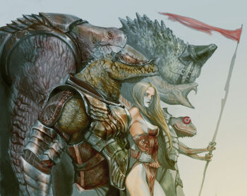 1girl alligator armor bad_id bad_pixiv_id blonde_hair crocodilian facial_mark fantasy flag frog gloves green_eyes ikeda_masateru long_hair monster original profile turtle