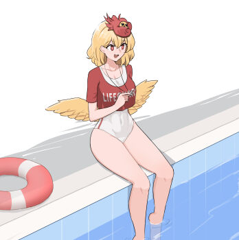 Rule 34 | 1girl, absurdres, alternate costume, animal, animal on head, baby animal, bird, bird on head, bird wings, blonde hair, breasts, chick, clothes writing, commentary, commission, covered navel, english commentary, highres, lifebuoy, lifeguard, mata (matasoup), medium breasts, multicolored hair, niwatari kutaka, on head, open mouth, poolside, red eyes, short hair, short sleeves, sitting, swim ring, touhou, two-tone hair, wading, whistle, whistle around neck, wings, yellow wings