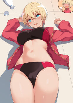 1girl absurdres black_buruma black_sports_bra blonde_hair blue_eyes bottle breasts buruma commentary_request cup dark-skinned_female dark_skin drunk highres jacket large_breasts long_sleeves lying nakamura_yukitoshi navel on_back on_floor open_clothes open_jacket original red_jacket short_hair solo sports_bra stomach tan thighs tile_floor tiles variant_set