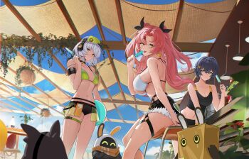3girls :p absurdres anby_demara bagboo_(zenless_zone_zero) bangboo_(zenless_zone_zero) belle_(zenless_zone_zero) bikini black_bikini black_shorts blue_eyes blue_hair blue_sky breasts closed_mouth cloud commentary_request commission day denim denim_shorts eous_(zenless_zone_zero) food green_bikini green_eyes highres holding holding_food holding_popsicle lan_liyu_renzi large_breasts long_hair looking_at_viewer medium_breasts mole mole_on_breast multiple_girls navel nicole_demara outdoors penguinboo_(zenless_zone_zero) pink_hair popsicle second-party_source short_hair shorts sky standing summer swimsuit tongue tongue_out white_bikini white_hair zenless_zone_zero