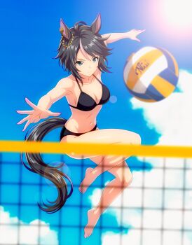 1girl absurdres ahoge animal_ears ball bare_shoulders barefoot beach_volleyball bikini black_bikini black_hair blue_eyes blue_sky breasts cleavage closed_mouth cloud collarbone commentary_request day ear_ornament ear_piercing fuji_kiseki_(umamusume) full_body gnu_(cowboy662) groin hair_between_eyes highres horse_ears horse_girl horse_tail jumping large_breasts lens_flare multicolored_hair navel outdoors piercing short_hair sidelocks sky solo stomach swimsuit tail umamusume volleyball_(object) volleyball_(sport) volleyball_net white_hair