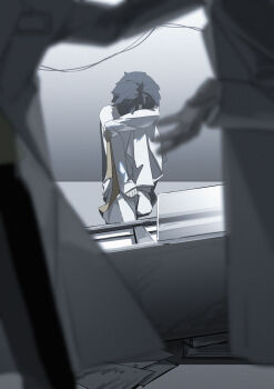 1boy 2others aged_down arm_rest asaba_harumasa bingzhen_h2o black_hair blurry blurry_foreground coat commentary_request head_rest highres indoors male_focus multiple_others pants paper ribbon shirt short_hair sitting socks solo_focus white_coat white_pants white_shirt white_socks wire yellow_ribbon zenless_zone_zero