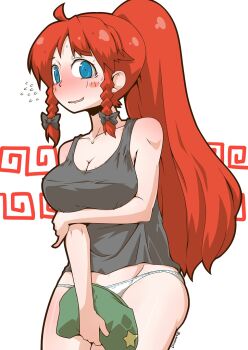 1girl black_ribbon black_tank_top blue_eyes blush blush_stickers braid breast_hold breasts cleavage commentary covering_crotch covering_privates cowboy_shot embarrassed flying_sweatdrops groin hair_ribbon hat holding holding_unworn_clothes holding_unworn_hat hong_meiling large_breasts long_hair looking_at_viewer navel open_mouth panties ponytail red_hair ribbon side_braid smile solo standing star_(symbol) sweatdrop tank_top touhou twin_braids twitter_username underwear underwear_only unworn_hat unworn_headwear white_background white_panties zannen_na_hito