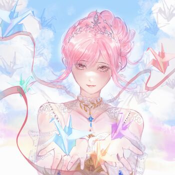 1girl absurdres beads blue_sky brown_eyes chinese_commentary closed_mouth cloud collar collarbone commentary_request day detached_collar dress earrings eyelashes feather_earrings feathers floating_hair hair_bun happy highres holding infinity_nikki jewelry lace_collar lipstick makeup melody_bloom_(infinity_nikki) nikki_(nikki) nikki_(series) nostrils off-shoulder_dress off_shoulder origami outdoors paper_crane pink_hair red_lips red_ribbon ribbon see-through_clothes see-through_sleeves short_hair_with_long_locks short_sleeves sidelocks single_hair_bun sky smile solo tiara upper_body white_collar white_dress wula0684