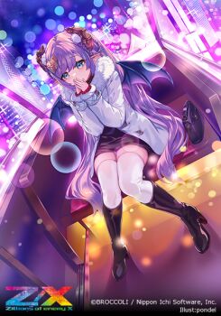 Rule 34 | 1girl, artist name, black bag, black boots, black skirt, blue eyes, boots, brown horns, city lights, coat, copyright logo, copyright name, copyright notice, covering own mouth, demon girl, demon horns, demon wings, ferris wheel interior, fur-trimmed coat, fur trim, hair ornament, hand over own mouth, horns, logo, long hair, official art, open clothes, open coat, pointy ears, pondel, purple hair, sitting, skirt, solo, thighhighs, ugly (z/x), white coat, white thighhighs, wings, z/x