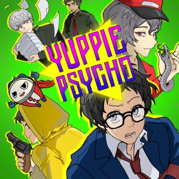 1girl 4boys adachi_tooru androgynous blue_jacket brian_pasternack brian_pasternack_(cosplay) chengmingraven cigarette closed_mouth coat collared_shirt commentary_request copyright_name cosplay doujima_ryoutarou dual_persona glasses green_background grey_hair hat highres izanami_(persona) jacket kuma_(persona_4) multiple_boys narukami_yu necktie open_mouth parody persona persona_4 red_eyes red_hat red_necktie reverse_trap shirt smile smoking snake white_shirt yellow_coat yuppie_psycho