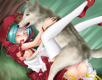 >_< 1girl aqua_hair bad_id bad_pixiv_id bestiality big_bad_wolf blush breasts censored closed_eyes cosplay cum cum_in_pussy fox_mask hatsune_miku legs little_red_riding_hood_(fairy_tale) little_red_riding_hood_(fairy_tale_character) little_red_riding_hood_(fairy_tale_character)_(cosplay) mask medium_breasts mosaic_censoring nipples open_mouth outdoors penis project_diva project_diva_(series) project_diva_2nd saliva sex shimo_(depthbomb) solo_focus sweat tears thighhighs torn_clothes vaginal vocaloid white_thighhighs wolf