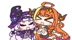 >_< 2girls :o ahoge aka_shiba animated audible_music audible_speech black_capelet black_headwear black_jacket blonde_hair blunt_bangs blush bow bowtie breasts brown_hairband capelet chibi cleavage cleavage_cutout closed_eyes clothing_cutout cropped_shirt diagonal-striped_bow dragon_girl dragon_horns dragon_tail hairband hat hololive horn_bow horn_ornament horns jacket kiryu_coco kiryu_coco_(1st_costume) long_hair long_sleeves multicolored_hair multiple_girls murasaki_shion murasaki_shion_(1st_costume) navel open_mouth orange_hair pink_neckwear pinstripe_pattern pinstripe_shirt pointy_ears purple_capelet purple_shirt red_skirt shirt sidelocks silver_hair simple_background skirt slapping sound streaked_hair striped_bow striped_clothes striped_shirt tail tilted_headwear upper_body vertical-striped_clothes vertical-striped_shirt video virtual_youtuber white_background witch_hat
