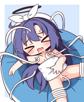 >_< 1girl bar_censor blue_archive blue_background blush breasts censored chibi chibi_only closed_eyes commentary_request drooling hana_kazari hat highres long_hair lying nipples nude on_back open_mouth pillow purple_hair pussy pussy_juice simple_background solo sweatdrop tentacle_sex tentacles vaginal white_hat yuuka_(blue_archive)