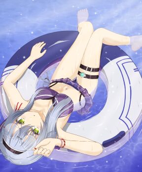 1girl adjusting_eyewear afloat barefoot bikini bikini_skirt black_hairband bracelet breasts cleavage commentary_request eyewear_on_head foot_out_of_frame frilled_bikini frills from_above glasses green_eyes grey_hair hairband headband heaven_burns_red highres innertube izumi_yuki_(heaven_burns_red) jewelry knees_together_feet_apart long_hair looking_at_viewer lying medium_breasts mochimugi_rice navel on_back partially_submerged purple_bikini round_eyewear sidelocks solo swim_ring swimsuit thigh_strap toes water wet