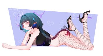1girl absurdres animal_ears ass bare_arms bare_shoulders black_hair black_shirt black_shoes commentary crop_top english_commentary erochik0n fishnet_pantyhose fishnets high_heels highres jane_doe_(zenless_zone_zero) long_hair looking_at_viewer lying motion_lines mouse_ears mouse_girl mouse_print no_tail on_stomach one_eye_closed paid_reward_available pantyhose purple_background red_nails see-through_clothes shirt shoes sleeveless sleeveless_shirt solo sparkle tongue tongue_out twitching twitter_username white_background zenless_zone_zero