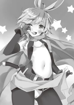 1girl armpits blush braid clothes_lift dagger dot_nose elbow_gloves female_focus fingerless_gloves flat_chest gloves highres horn_(isekai_maou) isekai_maou_to_shoukan_shoujo_no_dorei_majutsu knife loli long_glove looking_at_viewer medium_hair midriff miniskirt monochrome navel no_bra novel_illustration official_art one_eye_closed open_mouth pants rabbit_ears rabbit_girl sexually_suggestive skin_tight skirt skirt_lift solo solo_focus stomach sweat sweater tight_clothes tight_pants tsurusaki_takahiro weapon