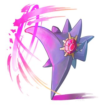 absurdres commentary_request full_body gem gen_1_pokemon highres kicking mega_pokemon mega_starmie nintendo no_humans pokemon pokemon_(creature) pokemon_focus red_gemstone shadow signature simple_background solo starmie taketori_subalu white_background
