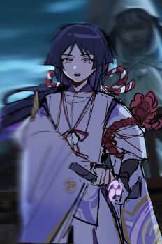 1boy adapted_costume alternate_hair_length alternate_hairstyle alternate_universe black_hair black_mouth blunt_ends bright_pupils clothing_cutout cnorkie eyeliner eyeshadow fighting_stance game_screenshot_background genshin_impact gold_trim highres holding holding_sword holding_weapon japanese_clothes kimono layered_sleeves long_hair long_sleeves looking_at_viewer makeup male_focus mitsudomoe_(shape) open_mouth overcast pants parted_bangs pelvic_curtain purple_eyes purple_kimono purple_sleeves ready_to_draw red_eyeliner red_eyeshadow red_rope rope rope_around_arm scaramouche_(genshin_impact) scaramouche_(kabukimono)_(genshin_impact) screenshot_background sheath sheathed shimenawa shoulder_cutout single_sode sky solo statue_of_the_seven string sword teeth tomoe_(symbol) tsurime upper_teeth_only weapon white_pants white_pupils white_rope wide_sleeves wispy_bangs