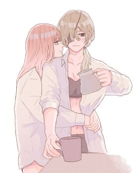 1997 2girls aftersex black_eyes black_pants blush brown_hair chainsaw_man coffee_mug coffee_pot collarbone couple cup eyepatch head_rest height_difference highres hug light_smile long_hair long_sleeves looking_at_another looking_at_viewer makima_(chainsaw_man) midriff morning morning_after mug multiple_girls naked_shirt navel nori_8710 open_clothes open_shirt pants ponytail quanxi_(chainsaw_man) ringed_eyes shirt silver_hair sleeves_rolled_up smile white_shirt wife_and_wife yellow_eyes yuri