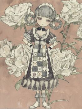 1girl acrylic_paint_(medium) apron black_dress blunt_bangs blush boots bow bra braid breasts checkered_clothes closed_mouth collar commentary dress earrings expressionless floral_background flower frilled_collar frills full_body gloves grey_hair hair_bow hair_ribbon hands_on_own_hips highres jewelry karintoun kneehighs looking_at_viewer original painting_(medium) pale_skin patterned_background puffy_short_sleeves puffy_sleeves red_eyes ribbon rose short_sleeves signature small_breasts socks solo standing striped_bra striped_clothes striped_socks traditional_media twin_braids underwear watercolor_(medium) white_flower white_rose