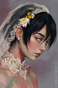 1girl alternate_costume artist_name avatar:_aang_the_last_airbender avatar_legends bare_shoulders black_hair blind bridal_veil bride choker closed_mouth commentary earrings english_commentary eyelashes hair_ornament headdress highres ireneblackwill_(ladystone) jewelry lace lace_choker lace_trim makeup pearl_earrings short_hair solo toph_beifong veil white_eyes