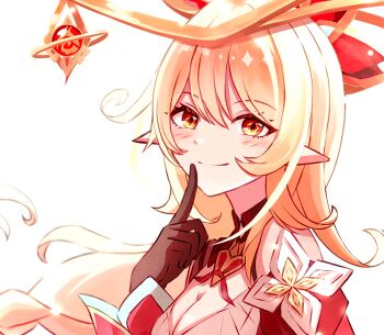 1girl alice_(genshin_impact) black_gloves blonde_hair finger_to_mouth genshin_impact gloves headgear index_finger_raised long_hair looking_at_viewer pointy_ears red_eyes simple_background solo upper_body vision_(genshin_impact) white_background yoi_(a27963244)