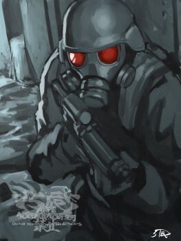 1boy 5tatsu artist_name black_gloves black_helmet black_jacket black_mask fighting_stance gas_mask gloves gun hat helmet highres holding holding_gun holding_weapon hunk_(resident_evil) jacket male_focus mask military military_hat red-tinted_eyewear resident_evil resident_evil_2 sketch solo tinted_eyewear upper_body weapon