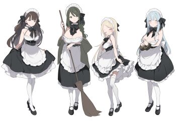 4girls absurdres apron bare_shoulders black_bow black_shoes blonde_hair blue_eyes blue_hair blunt_bangs blush bow braid braided_ponytail breasts broom brown_hair cleavage closed_mouth commentary_request dress frilled_apron frills fujiyama full_body green_eyes hair_bow highres holding holding_broom huge_breasts large_breasts long_hair long_sidelocks maid maid_apron maid_headdress mary_janes medium_breasts multiple_girls one_eye_closed original shoes side-by-side sidelocks simple_background sleeveless sleeveless_dress small_breasts smile standing tachi-e thighhighs underbust very_long_hair waist_apron white_apron white_background white_thighhighs yellow_eyes