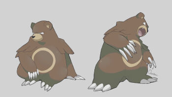 absurdres arm_support bear closed_mouth commentary_request fangs full_body gen_2_pokemon grey_background highres nintendo no_humans open_mouth ouran pokemon pokemon_(creature) simple_background sitting standing ursaring