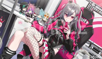 1girl :d asymmetrical_legwear belt black_belt black_collar black_shrug black_skirt breasts cellphone chain chain_earrings chair collar commentary_request copyright_name crossed_bangs crown double-parted_bangs earrings fishnet_thighhighs fishnets gaming_chair grey_hair grin hair_between_eyes hair_ornament hairpin hand_up holding holding_phone hololive hololive_dev_is hoop_earrings indoors isaki_riona isaki_riona_(flowglow_uniform) jewelry kikirara_vivi koganei_niko layered_skirt leotard leotard_under_clothes long_hair looking_at_viewer medium_breasts mini_crown miniskirt mismatched_legwear mizumiya_su nail_polish official_alternate_costume official_alternate_hairstyle official_art on_chair open_mouth panda_0035 phone pink_ribbon pleated_skirt purple_eyes ribbon rindo_chihaya sample_watermark shrug_(clothing) single_sidelock single_sock sitting skirt smartphone smile socks solo striped_clothes striped_socks stuffed_toy swivel_chair thigh_strap thighhighs tilted_headwear two_side_up uneven_legwear virtual_youtuber watermark white_skirt