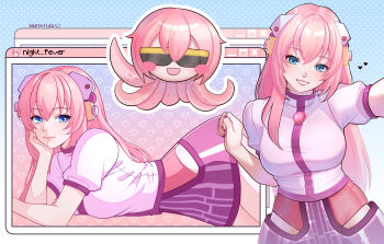 Rule 34 | 1girl, absurdres, artist name, blue background, blue eyes, blush, blush stickers, breasts, commentary, cyber fashion, english commentary, eyelashes, foreshortening, gradient background, hair between eyes, headphones, heart, highres, leotard, long hair, looking at viewer, luka luka night fever (vocaloid), megurine luka, megurine luka (cybernation), nail polish, octopus, open mouth, outline, pink hair, pink leotard, pink lips, pink trim, pixel heart, polka dot, polka dot background, puffy sleeves, purple nails, retrofuturism, sadistiva, selfie, short sleeves, signature, skirt, smile, sunglasses, takoluka, tentacle hair, tentacles, ufo skirt, very long hair, vocaloid, white outline, window (computing)