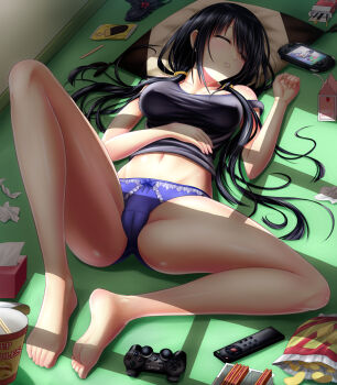 10s 1girl bare_legs barefoot bendy_straw black_hair black_shirt blue_panties bow bow_panties breasts cameltoe chips_(food) closed_eyes clothing_aside controller cookie covered_erect_nipples crotch_seam date_a_live drink_carton drinking_straw dualshock facing_away feet female_focus food full_body game_console game_controller gamepad hair_spread_out hand_on_own_stomach handheld_game_console highres indoors instant_noodles knee_up large_breasts long_hair low_twintails lying messy_room milk_carton navel nissin_cup_noodle no_pants on_back on_floor panties panties_aside pillow playstation_controller playstation_portable playstation_vita pocky popsicle_stick potato_chips purple_panties remote_control shirt sleeping snack soles solo spread_legs strap_slip tank_top taut_clothes tissue tissue_box toes tokisaki_kurumi tsubasaki twintails underwear used_tissue very_long_hair window_shadow