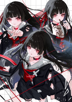 1girl arm_cutout black_choker black_hair black_jacket black_serafuku black_shirt black_skirt bright_pupils chisa_(wuthering_waves) choker closed_mouth clothing_cutout collarbone commentary_request food food_in_mouth grid_background hair_ribbon highres jacket kuramoto_beta-carotene long_hair long_sleeves looking_at_viewer mole mole_under_eye multiple_views neckerchief pocky pocky_in_mouth red_eyes red_neckerchief red_ribbon ribbon sailor_collar school_uniform serafuku shirt skirt white_background white_pupils white_sailor_collar wuthering_waves