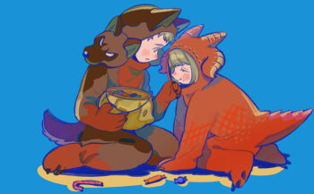 1boy 1girl 29_kyuu aged_down animal_ears blue_background brother_and_sister brown_hair candy candy_cane candy_wrapper cerberus_costume commentary_request cosplay dog_ears dog_tail dragon_horns dragon_tail dryad_fruit_(dungeon_meshi) dungeon_meshi eating falin_touden food food_on_face halloween_bucket halloween_costume horns kneeling laios_touden onesie parted_lips red_dragon_(dungeon_meshi) red_dragon_(dungeon_meshi)_(cosplay) siblings tail