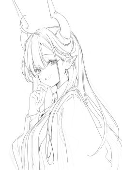 1girl breasts commentary demon_girl demon_horns greyscale grin hair_between_eyes hair_on_horn hand_up highres horns large_breasts lineart long_hair long_sleeves looking_at_viewer monochrome nekojira original parted_bangs pointy_ears raised_eyebrows simple_background smile solo symbol-only_commentary thea_(nekojira) upper_body white_background