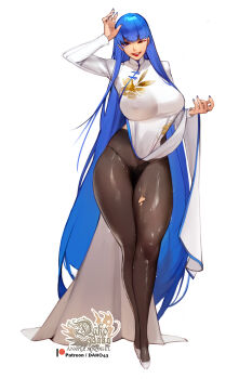 1girl absurdres black_panties black_pantyhose blue_hair blue_trim breasts china_dress chinese_clothes covered_erect_nipples dress flashing floral_print full_body hashtag-only_commentary highres hu_dako huge_breasts long_hair long_sleeves one_eye_closed original panties panties_under_pantyhose pantyhose parted_lips pelvic_curtain shoes simple_background solo standing torn_clothes torn_pantyhose underwear very_long_hair white_background white_shoes