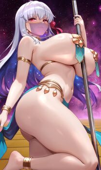 1girl absurdres alternate_costume anklet areola_slip armlet barefoot blush closed_mouth commentary dancer english_commentary fate/grand_order fate_(series) from_side highres jewelry kama_(fate) long_hair looking_at_viewer navel pole raskasar red_eyes smile solo stomach stripper_pole thighs