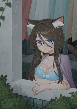 :< absurdres aina_(mao_lian) animal_ear_fluff animal_ears arms_under_breasts black_choker blue_dress blue_eyes blush bow breasts bush cat_ears cat_girl cat_tail choker cleavage collarbone curtains dress dress_bow from_outside glasses hair_between_eyes highres large_breasts long_hair mao_lian_(nekokao) original over-rim_eyewear plant rain semi-rimless_eyewear spaghetti_strap tail window windowsill