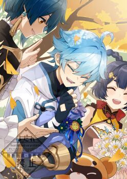 1girl 2boys black_coat black_gloves black_sleeves blue_hair braid chinese_clothes chongyun_(genshin_impact) closed_eyes coat earrings fingerless_gloves genshin_impact gloves guoba_(genshin_impact) hair_between_eyes hair_ornament highres hood itsumono_katze jewelry long_sleeves multiple_boys open_mouth short_hair smile tassel tassel_earrings white_hood xiangling_(genshin_impact) xingqiu_(genshin_impact) yellow_eyes