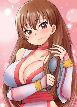 Rule 34 | 1girl, absurdres, blush, breasts, brown hair, brushing hair, choker, cleavage, collarbone, dead or alive, female focus, gloves, gradient background, highres, holding, holding brush, japanese clothes, kasumi (doa), large breasts, long hair, looking at viewer, maho (corotonton5150), ninja, obi, pink background, red choker, red eyes, sash, smile, solo, team ninja, tecmo, upper body, very long hair, white gloves