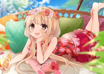 Rule 34 | 1girl, :d, bare shoulders, barefoot, bendy straw, blonde hair, blue sky, blurry, blurry foreground, brown eyes, cloud, commentary request, cupping glass, day, depth of field, dress, drink, drinking straw, floral print, flower, futaba anzu, hair over shoulder, head wreath, highres, idolmaster, idolmaster cinderella girls, idolmaster cinderella girls starlight stage, legs up, long hair, looking at viewer, low twintails, lying, on stomach, open mouth, outdoors, palm tree, pillow, print dress, red dress, red flower, rino cnc, sky, sleeveless, sleeveless dress, smile, solo, stuffed animal, stuffed rabbit, stuffed toy, tree, twintails, very long hair, white flower