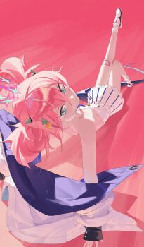 1girl absurdres bandaid bandaid_on_knee bandaid_on_leg black_tail blue_archive blue_necktie collared_dress dress from_behind green_eyes green_halo green_horns hair_between_eyes hair_ornament halo highres horns jacket li-mi long_hair looking_at_viewer momoka_(blue_archive) necktie pink_background pink_hair pointy_ears simple_background sleeveless solo tail triangle_hair_ornament twintails white_dress