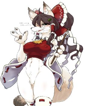 1girl animal_ears animalization ascot bottomless bow cosplay covered_erect_nipples crop_top detached_sleeves fox_ears fox_girl fox_tail furry furry_female futatsuiwa_mamizou glasses hair_bow hair_tubes hakurei_reimu hakurei_reimu_(cosplay) highres leaf leaf_on_head long_hair looking_at_viewer open_mouth pear-shaped_figure pince-nez ponytail pubic_hair red_bow red_tank_top ribbon-trimmed_sleeves ribbon-trimmed_thighhighs ribbon_trim smile solo tail tank_top tanuki thighhighs touhou uisu_(noguchipint) v white_fur wide_sleeves yellow_ascot