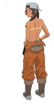 Rule 34 | 1girl, absurdres, braid, closed mouth, commentary request, full body, gundam, gundam: hathaway's flash, hat, highres, julia suga, kontaakiyasui, long hair, looking at viewer, simple background, solo, tan, tanline, topless female, twin braids, white background