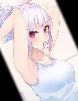 1girl absurdres alternate_costume alternate_hairstyle armpits arms_behind_head arms_up blue_hair blunt_bangs blush breasts camisole casual closed_mouth commentary_request dutch_angle gradient_hair grey_hair hair_tie_in_mouth highres lize_helesta long_hair looking_at_viewer medium_breasts mouth_hold multicolored_hair nesumiru nijisanji notice_lines pillarboxed red_eyes sidelocks smile solo tying_hair virtual_youtuber white_camisole wispy_bangs