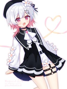 1girl :d arms_at_sides belt beret black_belt black_choker black_hat cherry_blossoms choker commentary_request cowboy_shot fang flower gradient_hair hair_flower hair_ornament hat heart heart_of_string highres long_sleeves looking_at_viewer mahou_shoujo_no_majo_saiban multicolored_hair neck_ribbon o-ring o-ring_thigh_strap open_mouth pink_eyes pink_hair ribbon sakuraba_ema shikito_(yawa0w0) short_hair shorts skin_fang smile standing thigh_strap white_background white_flower white_hair white_ribbon white_shorts x_hair_ornament